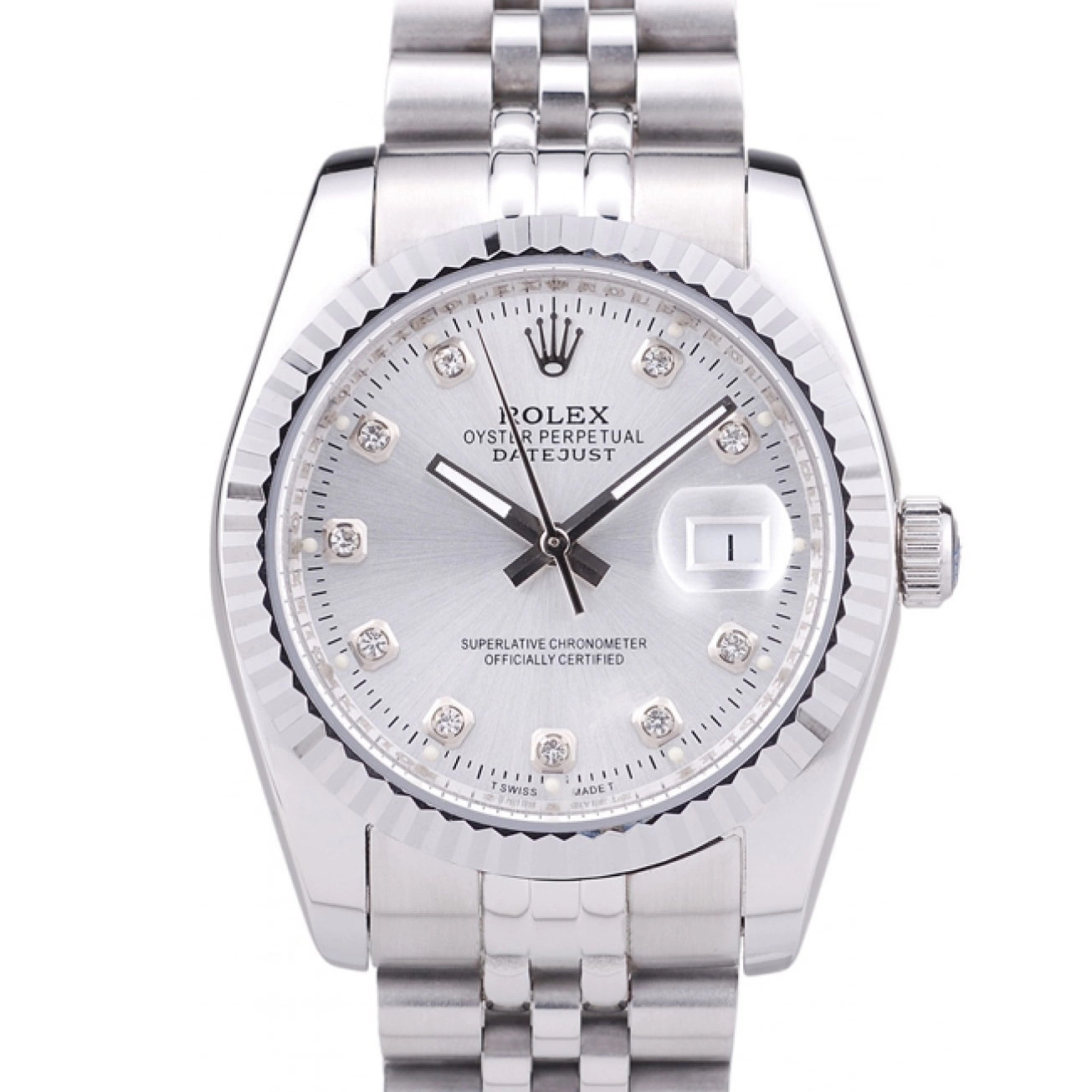 Aaa replica watch Dial Ribbed Diamonds Datejust Rolex 7455 Bezel Silver 0721